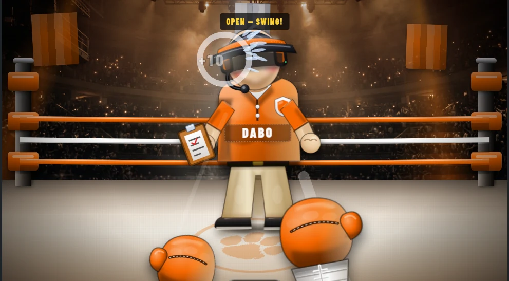 The Rage Room ring under arena lights: a jab lands on The Headset, a cartoon coach in a team polo, with boxing gloves raised in the foreground